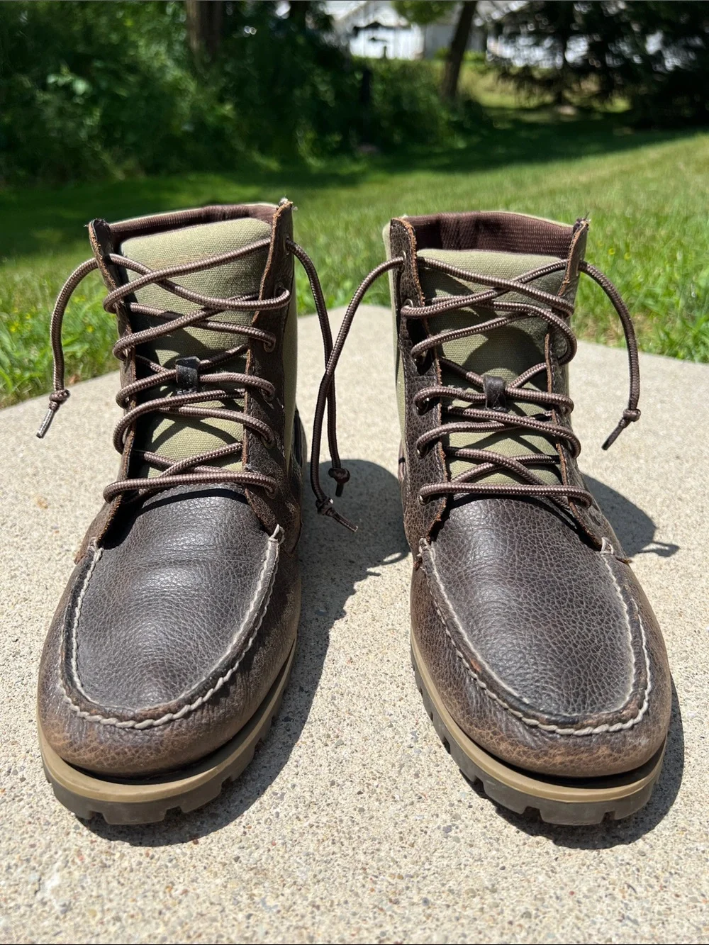 Sperry Top-Sider Brown Leather Green Canvas Boat Boots Hunting Boots Men’s 11.5M